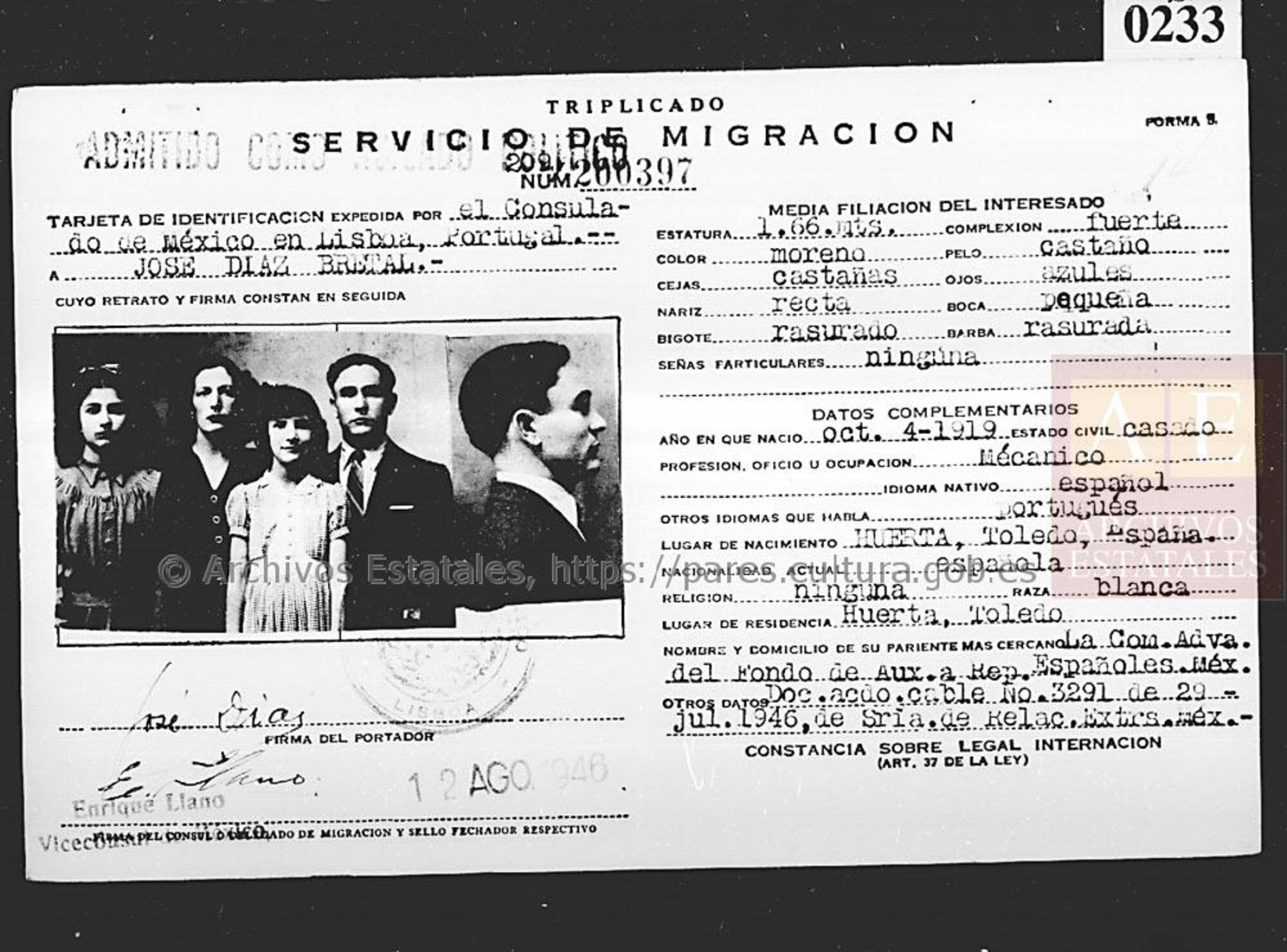 Tarjeta migración José Díaz Bretal